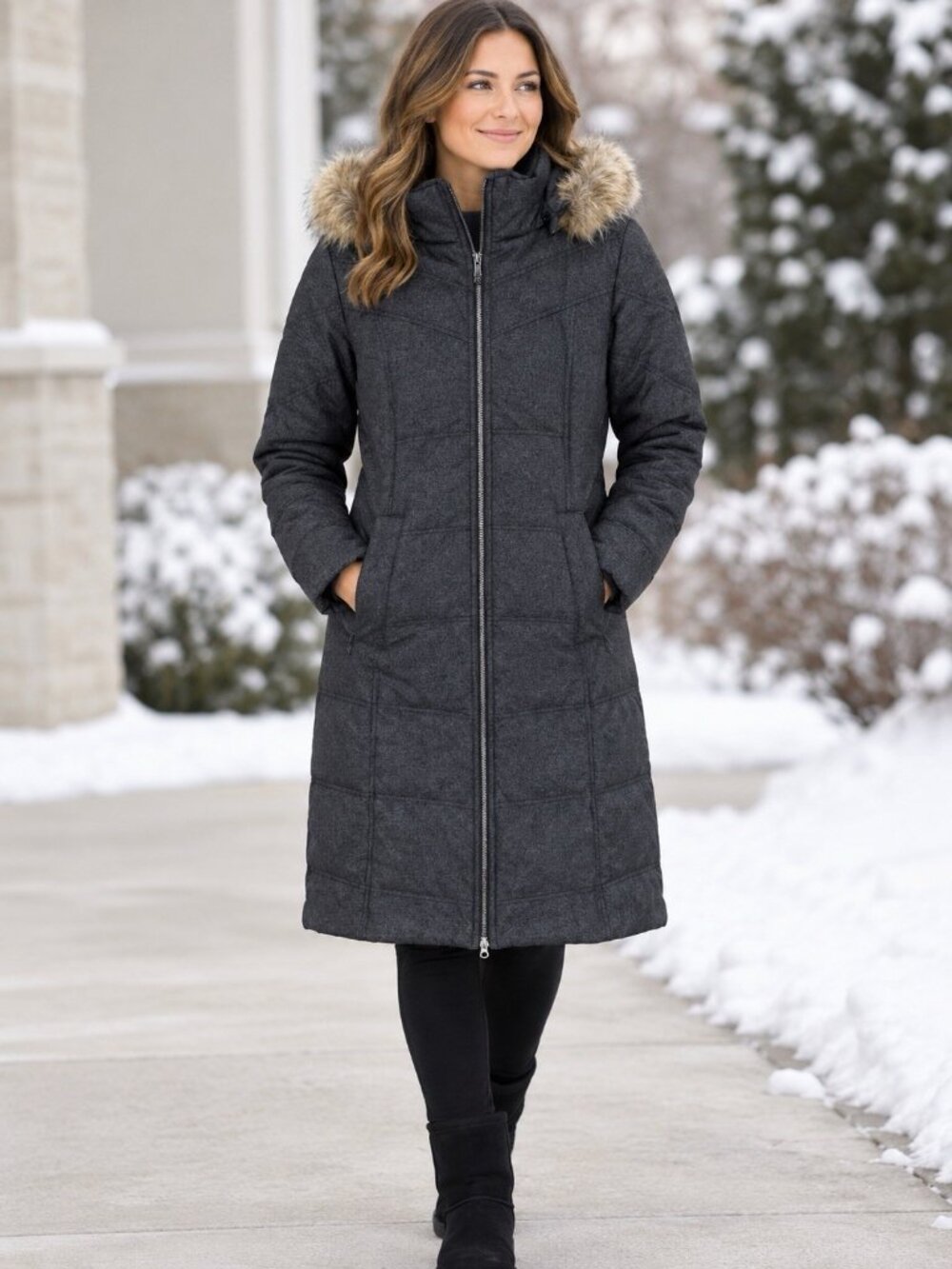 Prana Puffer Jacket Womens Small Charcoal Gray Hooded Winter Long Knee Length
